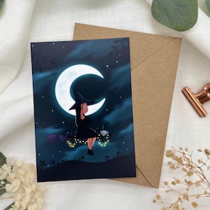 Postcard Witch on a Broomstick under the Moon - Magical Break in the Night Sky - Witchy Illustration DIN A6 - Gift for Star Dreamers