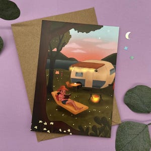 Postkarte Camping und Auszeit - Achtsamkeit, Zelten, Naturillustration