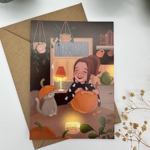 Herbst Postkarte mit Kürbis und Katze- Halloween Illustration zum Kürbisschnitzen