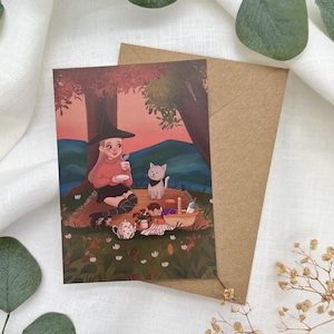 Postcard Witch with Cat - Magical Picnic in the Forest - Autumn Illustration DIN A6 - Gift for Witch Lovers