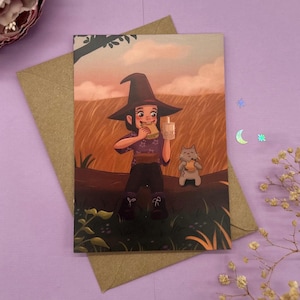 Sorcière et chat lors d'un pique-nique - carte postale de pleine conscience |  Illustration DIN A6
