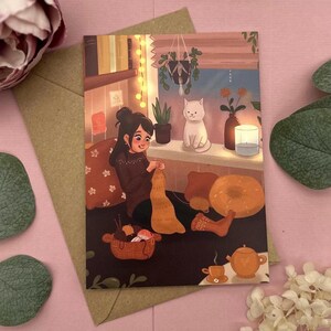 Postal acogedora de brujas tejiendo: autocuidado, idea de regalo, ilustración de atención plena