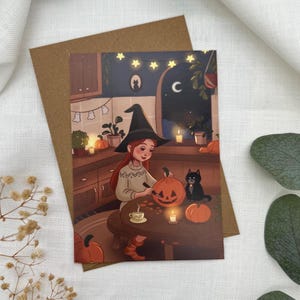 Autumn postcard with pumpkin & cat – magical illustration, Halloween card, autumn greeting, DIN A6