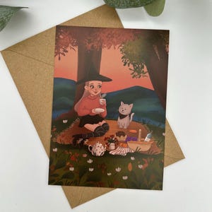 Carte postale Sorcière avec chat – Pique-nique magique en forêt – Illustration d'automne DIN A6 – Cadeau pour les amoureux des sorcières