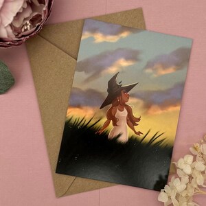 Carte postale de pleine conscience - Coucher de soleil - Illustration de sorcière rêveuse - Carte de temps pour vous