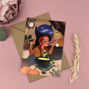 Una bruja conjura una sopa - Postal de cocina mágica