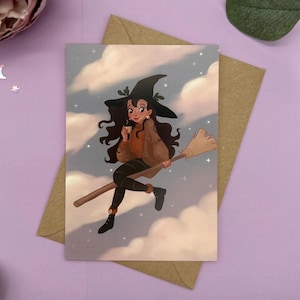 Pause café sur le balai de la sorcière - carte postale avec coeur