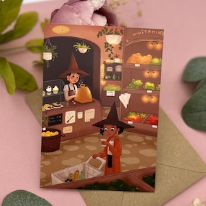 Carte postale Sorcière Shopping - Illustration Herboristerie Magique - Carte Sorcière Automnale DIN A6 - Cadeau pour les fans de sorcières