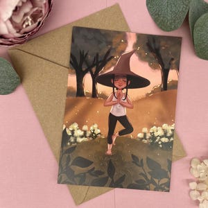 Carte postale Yoga Witch in Nature - Illustration pleine conscience DIN A6 - Soins personnels magiques avec forêt et équilibre - Cadeau pour les yoginis