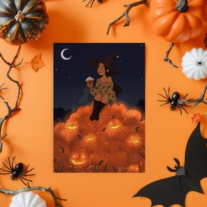Cozy Halloween Postkarte mit Hexe & Katze | Pumpkin Spice Herbst Illustration | Autumn Vibes | Geschenk für Bücherliebhaber