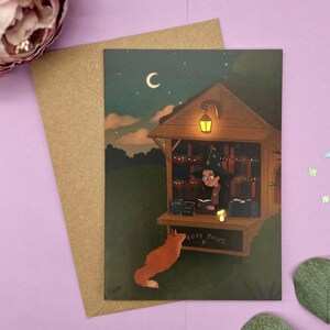 Carte postale « Cozy Books » – Librairie de sorcières magiques la nuit avec un renard | Mystique et chaleureuse