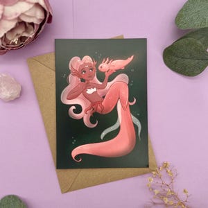 Cartolina dell'amicizia magica con la sirena Axolotl giocosa
