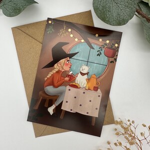 Postkarte Hexe mit Teetasse und Katze - Magischer Moment der Entspannung - Selfcare Illustration DIN A6 - Geschenk für Hexenfreunde