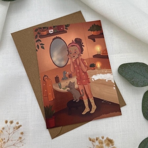 Magical postcard “Selfcare Evening with Cat” – Wellness Illustration