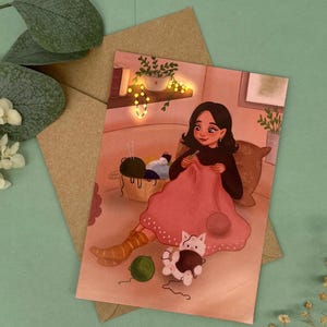 Postkarte Stricken Zuhause - Achtsamkeit Illustration DIN A6 - Selfcare Karte für Handarbeitsfans - Hygge Moment mit Katze