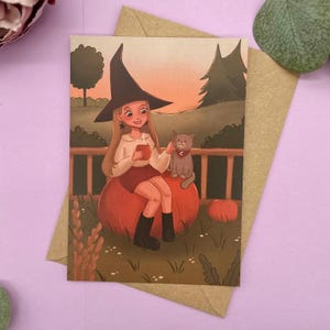 Cartolina di Halloween con zucca strega - illustrazione per intaglio di zucca - cartolina decorativa autunnale DIN A6 - regalo per amiche streghe