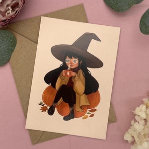 Pause café sorcière - carte postale pour un moment de détente douillet