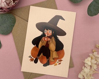 Pause café sorcière - carte postale pour un moment de détente douillet