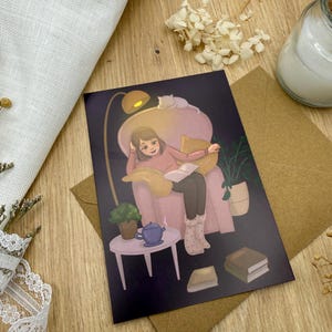 Postkarte Lesen im Sessel | Cozy Achtsamkeits- Illustration A6 | MoonElly Lesemoment