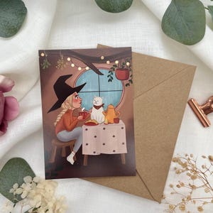 Postcard witch with teacup and cat - Magical moment of relaxation - Selfcare illustration DIN A6 - Gift for witch friends