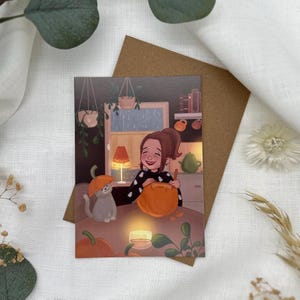 Autumn postcard with pumpkin and cat - Halloween illustration for pumpkin carving