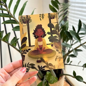 Carte postale Yoga avec plantes - Pleine conscience sur le tapis dans la jungle urbaine Illustration DIN A6
