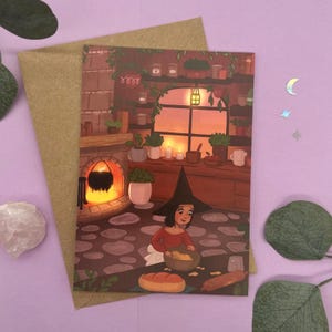 Sorcière de cuisine faisant de la cuisine magique - carte postale avec cœur
