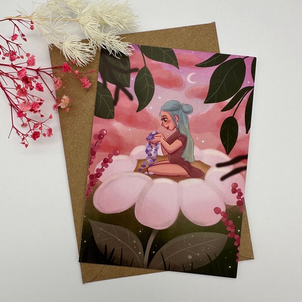 Elfe sitzt auf Blume Postkarte
