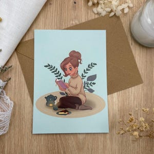 Bücherwurm beim Teeritual- Entspannte Lese- Postkarte A6