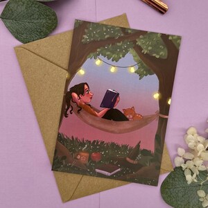 Hexen - Postkarte Entspannung in der Natur - Hängematte, Sonnenuntergang und Katze - Achtsamkeit und Selfcare