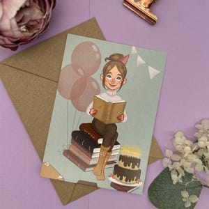 Carte d'anniversaire pour les rats de bibliothèque - illustration d'amoureux des livres avec gâteau - DIN A6 - cadeau de rat de bibliothèque - carte pour les amis des livres