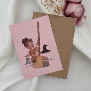 Witch stroking her broom postcard - Magical illustration DIN A6 - Humorous witch card with cat - Gift for witch friends
