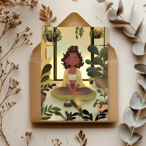 Meditation postcard | Mindfulness illustration | Yoga gift | Self-care decor | Plant illustration | Hygge art