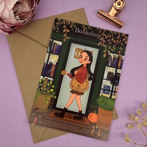 Librería de postales en otoño - ilustración de ratón de biblioteca A6 | Arte otoñal acogedor con la felicidad de la lectura.