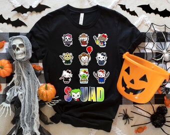 Camisa de amigos de personajes de terror de Hello Kitty, camisa de terror de Halloween, camisa de Halloween de escuadrón Camisa de personajes de película de terror, camisa de escuadrón de terror