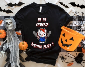 Camisa Hello Kitty, camisa de la película de terror de Hello Kitty, película de terror, camisa Hola, soy chucky, camisa de Hello Kitty Chucky, camisa Chucky, película de miedo