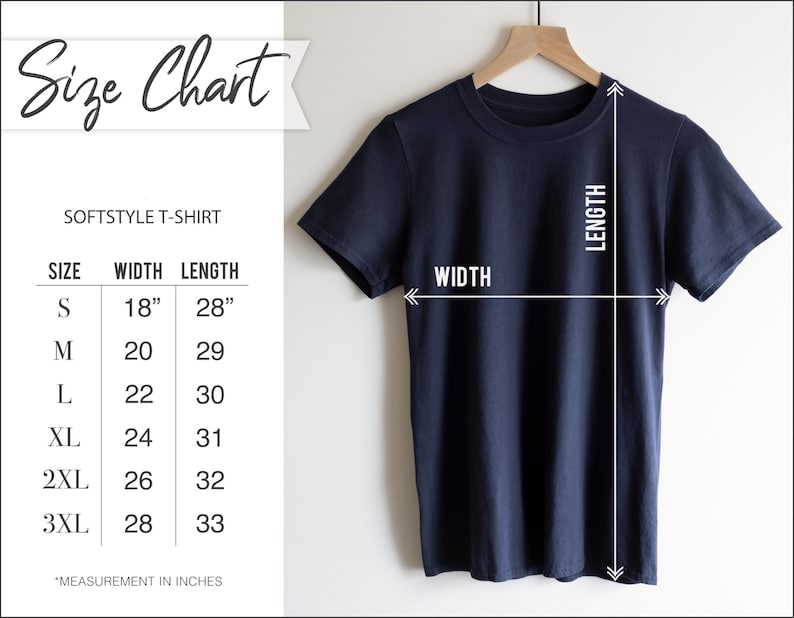 K&ouml;nnte beinhalten: Gr&ouml;&szlig;entabelle f&uuml;r ein Softstyle-T-Shirt. Die Tabelle zeigt die Breite und L&auml;nge in Zoll f&uuml;r die Gr&ouml;&szlig;en S, M, L, XL, 2XL und 3XL.