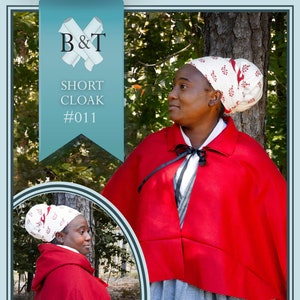 May include: A red short cloak with a hood and a black ribbon tie. The cloak is worn by a person with a white and red patterned headscarf. The image also shows a close-up of the cloak with a blue and white checkered skirt underneath. The text on the image reads "SHORT CLOAK #011".