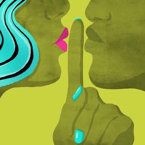 Könnte beinhalten: Nahaufnahme von zwei Gesichtern, eines mit blauen Haaren, das andere mit einem Finger an den Lippen, der zum Schweigen mahnt. Der Hintergrund ist einfarbig grün.