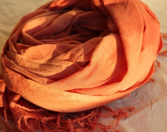 scarf ~ madder (reddish-orange) dyed handspun/ handwoven cotton scarf w/ shibori resist pattern