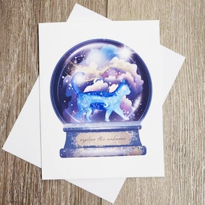 Celestial Card Cat- Blank card 4.25" x 5.5" - Celestial Cat Snowglobe- Explore the Universe - Space magic theme - General occasion
