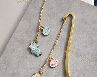 Adorable pink and blue Cow Charm Gold Metal Bookmark - 3-inch Marking Elegance and Fun! - set of 2 for book lovers, students, or bible study