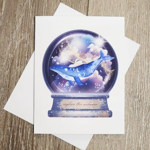 Celestial Card Whale - Blank card 4.25" x 5.5" - Celestial Whale Snowglobe- Explore the Universe - Space magic theme - General occasion