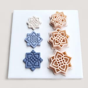 May include: Six floral-shaped cookie cutters are arranged on a white surface. Three are light beige, and three are blue. The cutters vary in size and feature detailed, intricate designs. These are suitable for baking and creating decorative biscuits or cookies.