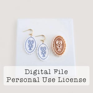 May include: Lobster-themed jewelry and a stamp. Two white and blue oval earrings with gold hooks and a tan oval stamp, all featuring a blue or tan lobster design. The text "Digital File Personal Use License" is at the bottom.