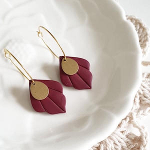 IRIS // Burgundy Blush Collection // Polymer Clay Earrings // Burgundy earrings // Art Deco Earrings // Brass hoop earrings// uk