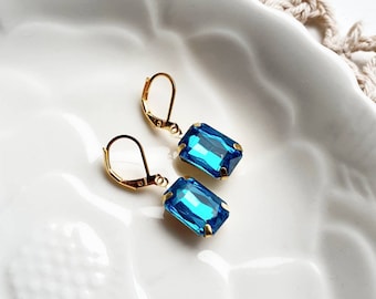 Turquoise Blue Glass Rectangle Dangle Earrings, Art Deco Style
