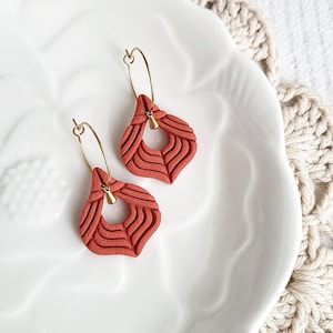 JASMINE //Nautical Chic Collection//Polymer Clay Earrings//Embossed Earrings// Boho hoop Earrings//Coral Orange gold earrings//