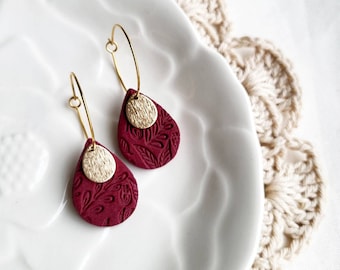 GAIA -  Burgundy Teardrop Earrings | Floral Maroon Earrings
