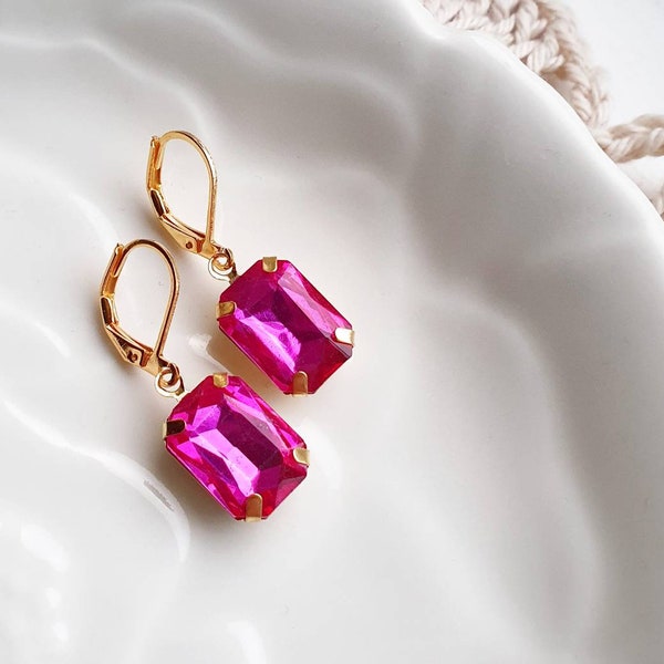 Fuchsia Earrings// Glass Collection// Hot pink Glass Earrings// Art Deco Earrings// Fuchsia Rectangle Earrings//Hot pink Dangle Earrings//uk